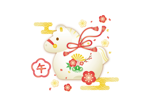 午年の置物と梅のメルヘン和イラスト お正月,午年,干支,縁起物,置物,梅,花,和,キラキラ,かわいいのイラスト素材