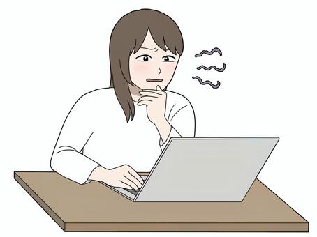 検索結果を疑う女性 女性,長袖,セミロング,テーブル,パソコンのイラスト素材