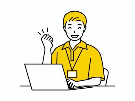 パソコンでやる気の介護士男性（上半身） ガッツポーズ,やる気,笑顔,介護士,求人募集,チラシ,ノートパソコン,pc,仕事,データ作成のイラスト素材