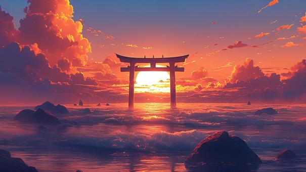 Illustration, torii, natural, sunset, 