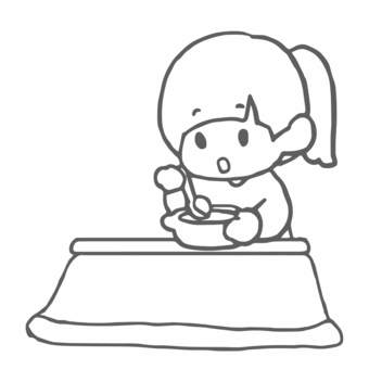 こたつで食事をする女の子（線画） 女の子,人物,かわいい,ワンポイント,こたつ,食事,温かい,線画のイラスト素材