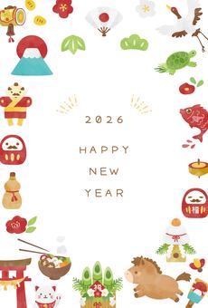 かわいい午年の年賀状テンプレート ウマ,動物,年賀状,テンプレート,2026年,可愛い,水彩風,富士山,干支,主線なしのイラスト素材