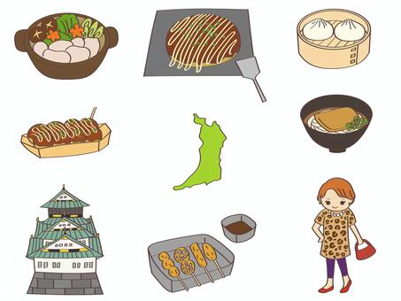 大阪府の名物イラストセット 大阪府,大阪,名産品,食べ物,手描き,セット,旅行,観光地,都道府県,近畿地方のイラスト素材