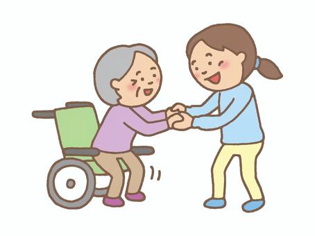 車椅子から立ち上がるおばあちゃんと女性 おばあさん,車いす,立ち上がる,よろよろ,ふらふら,手をつなぐ,笑顔,ふんばる,よいしょ,がんばれのイラスト素材