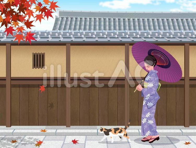 日本屋敷の壁と着物の女性 秋,紅葉,着物のイラスト素材