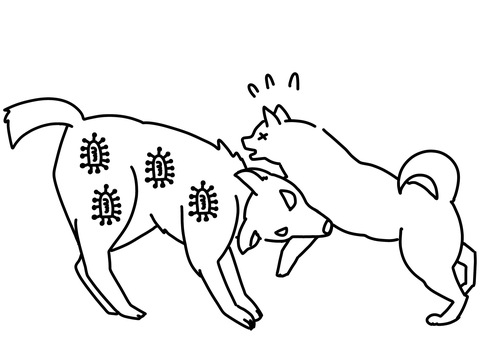 狂犬病感染した犬に噛まれる犬　線画 狂犬病,トラブル,怪我,ビックリ,線画のイラスト素材