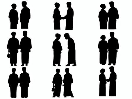 浴衣姿のカップルシルエット素材