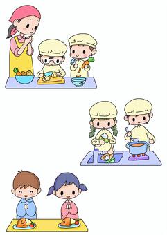 みんなで家庭科 家庭科,調理実習,先生女性,大人,小学生,子供,男の子,女の子,生徒,複数人のイラスト素材