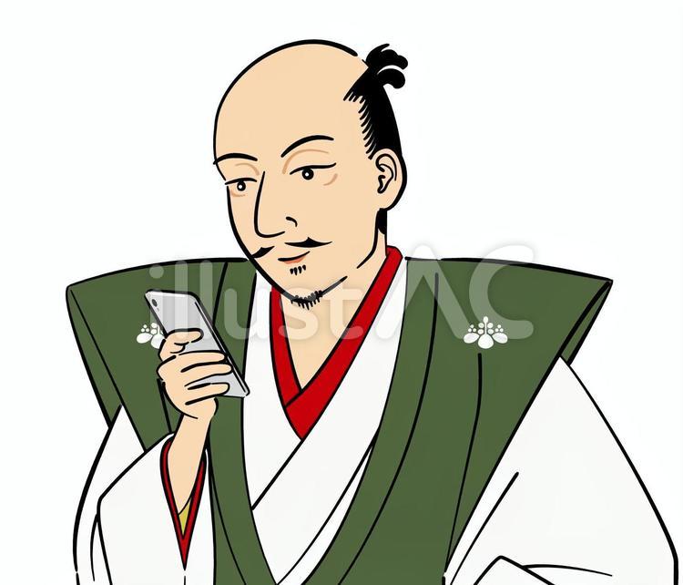 スマホを操作する織田信長_01	 織田信長,スマホ,スマートフォンのイラスト素材