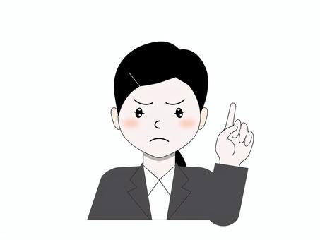 不満そうな表情で何かを伝える若い女性 女性,スーツ,ジャケット,黒髪,真剣,真面目,真顔,指さし,ポーズ,伝えるのイラスト素材