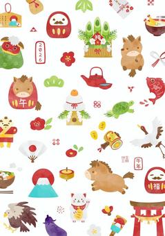 かわいい2026年のお正月の背景イラスト ウマ,動物,背景,2026年,お正月,植物,可愛い,水彩風,富士山,干支のイラスト素材