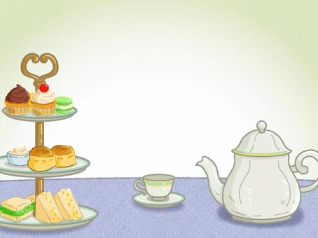 お茶会フレーム（テーブルのみ） ティータイム,アフタヌーンティー,お茶会,スイーツ,ケーキスタンド,ティーカップ,ティーポット,ティーセット,カップケーキ,マカロンのイラスト素材