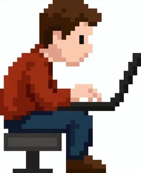 ドット絵のパソコンをしてる人です。 ドット絵,ノートパソコン,シンプル,パソコン,作業,在宅ワーク,オフィス,リモート,テレワーク,学習のイラスト素材