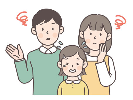 子どもが泣いて青ざめる家族2 家族,親子,夫婦,子供,人物,女性,男性,女の子,男の子,若いのイラスト素材