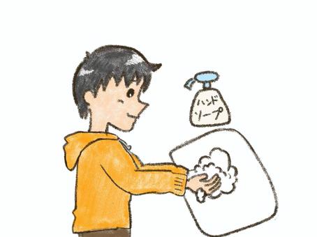 手洗いをする男の子 手洗い,洗う,泡,菌予防,風邪予防,冬,感染予防,洗面台,ハンドソープ,インフルエンザ予防のイラスト素材