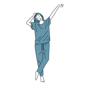寝起きに軽い伸びをする女性 女性,寝起き,朝,全身,伸び,ストレッチ,寝巻き,リラックス,起床,あくびのイラスト素材