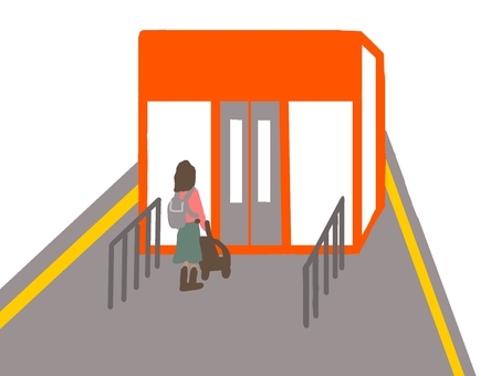 駅のホームのエレベーターを待つ女性 駅,ホーム,エレベーター,女性,ママ,待つ,乗る,荷物,乳母車,ベビーカーのイラスト素材