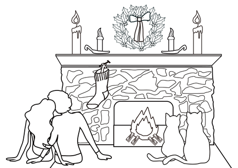 塗り絵・クリスマス・暖炉・カップル