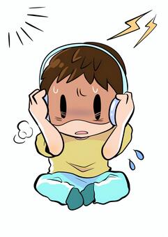 騒音や大音量に困るイヤーマフをつけた子 男の子,子供,キッズ,ヘッドホン,イヤーマフ,音,騒音,大音量,爆音,騒音トラブルのイラスト素材