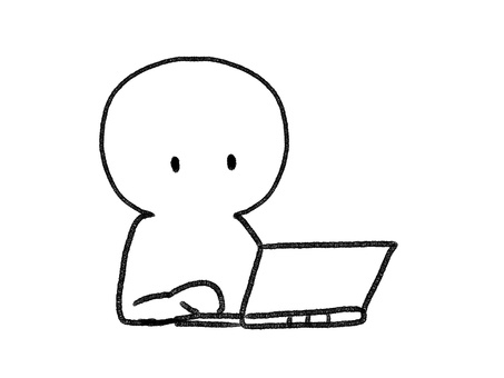 パソコンを使う棒人間線画 棒人間,人物,パソコン,手描き,落書き,表情,黒,シンプル,素材,背景透過のイラスト素材