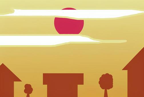 夕焼けのイラスト 夕方,夕日,空,雲,グラデーション,家,シルエット,木,植物,背景のイラスト素材