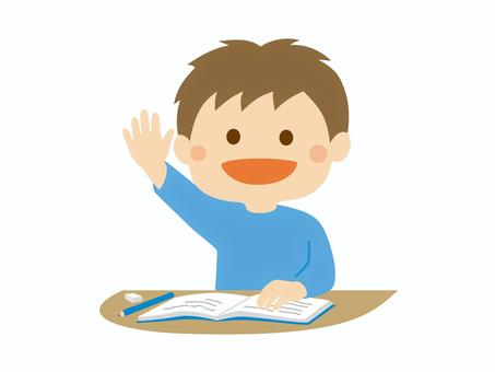 勉強するこども5_長袖_挙手 こども,勉強,学習,はい,はーい,挙手,発言,わかった,積極的,授業のイラスト素材