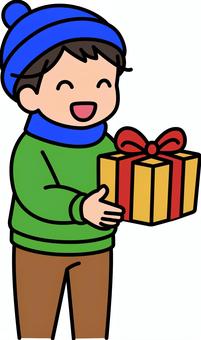 プレゼントを貰う青の男の子です。 プレゼント,シンプル,ギフト,喜ぶ,受け取り,サプライズ,笑顔,贈り物,手渡し,お祝いのイラスト素材