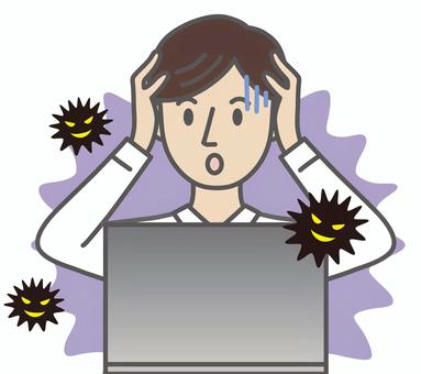 パソコンのウイルス感染に焦る男性 パソコン,ウイルス,コンピューターウイルス,ランサムウェア,ハッキング,男性,サラリーマン,焦る,驚く,ショックのイラスト素材