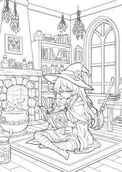 本を読む少女 人物,塗り絵,ぬり絵,ぬりえ,線画,白黒,手書き,全体,女の子,座りポーズのイラスト素材