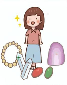 たくさんのパワーストーンと笑顔の女の子 パワーストーン,水晶,アメジスト,笑顔,女の子のイラスト素材