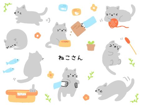 ほのぼの可愛いネコのイラストセット ネコ,動物,セット,かわいい,ゆるい,ご飯,カリカリ,フード,猫じゃらし,遊ぶのイラスト素材