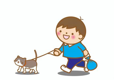 猫の散歩する男の子 猫,ペット,散歩,歩く,動物,リード,女の子,子供,日課,楽しいのイラスト素材