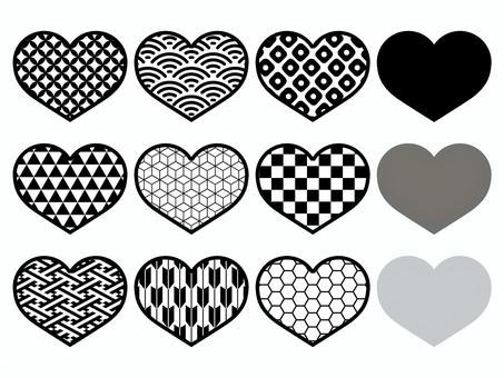 	和のアイコンセット/ハート/黒 ハート,幾何学模様,アイコン,セット,モノクロ,かわいい,ベクターのイラスト素材