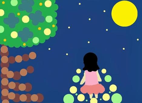 あの日見上げた夜空。 夜空,木,月,マル,願い,女の子のイラスト素材