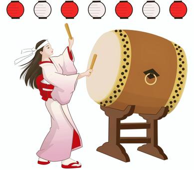 和服の女性の祭太鼓 太鼓,祭り,着物,女性,提灯,はちまき,たたく,ピンクのイラスト素材