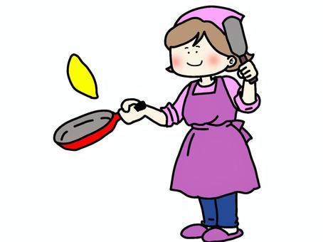 料理をする女性 料理をする女性 女性,全身,フライパン,料理,オムレツ,かわいい,笑顔,エプロン,手作り,ごはんのイラスト素材