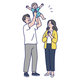 赤ちゃんを抱き上げる家族イラスト素材 家族,父親,母親,子ども,赤ちゃん,親子,仲良し,笑顔,幸せ,喜びのイラスト素材