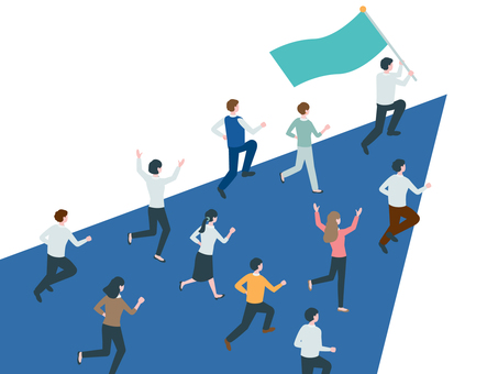 旗を掲げて走るリーダーと仲間 人物,会社員,サラリーマン,キャリアウーマン,ビジネスマン,ビジネスウーマン,走る,チーム,全身,前進のイラスト素材