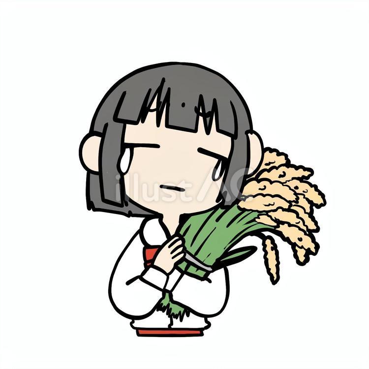 稲束を抱えて泣く少女 少女,稲束,お米のイラスト素材