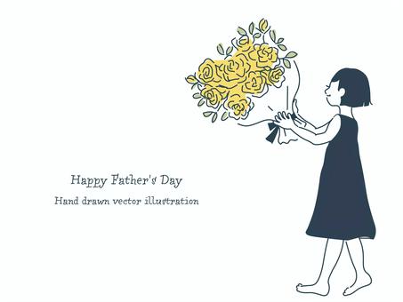 父の日のポストカード 花束,父の日,家族,女の子,娘,薔薇,プレゼント,線画,黄色,手描きのイラスト素材