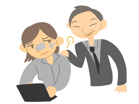 肩を触る男性と嫌がる女性 セクハラ,セクシャルハラスメント,ハラスメント,触る,ボディタッチ,上司,嫌がる,不快のイラスト素材