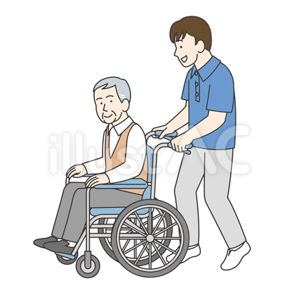 車椅子おじいちゃんを介護する男性