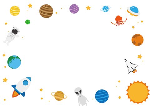可愛い宇宙のフレーム背景素材 宇宙,惑星,太陽,地球,宇宙人,火星人,ロケット,ufo,スペースシャトル,宇宙飛行士のイラスト素材