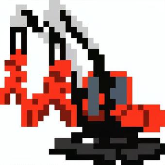 ドット絵のレッドオレンジの双腕重機です。 ドット絵,双腕重機,シンプル,重機,建設機械,解体,油圧ショベル,作業車,掘削機,ブルトーザーのイラスト素材