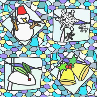 シームレスな冬のステンドグラスの枠　e  冬,雪だるま,雪,結晶,青系,雪うさぎ,ベル,クリスマス,色彩,カラフルのイラスト素材