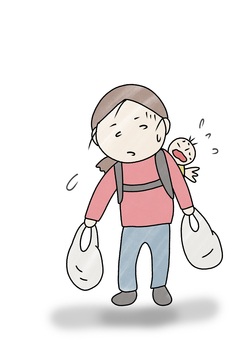 買い物に疲れた主婦 疲れた,主婦,家事,育児,買い物,手描きのイラスト素材
