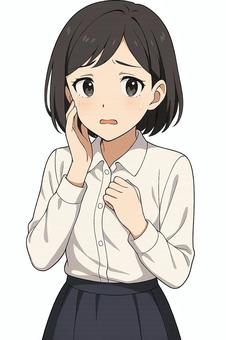 困った表情の女性 女性,20代,シャツ,スカート,バストアップ,困った表情,悩む,頬,手,白背景のイラスト素材