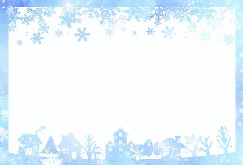 冬の雪景色フレーム枠　美しい雪の結晶背景 冬,フレーム,枠,雪,雪の結晶,家,飾り枠,囲み,木,装飾のイラスト素材