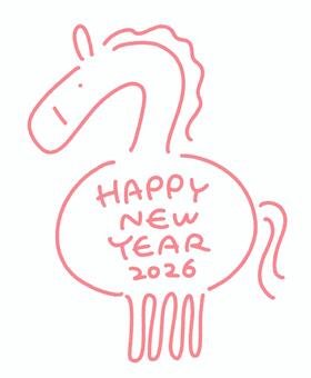 新年メッセージ入りのかわいい馬　2026 ウマ,うま,馬,手描き,シンプル,かわいい,午年,馬年,午,干支のイラスト素材