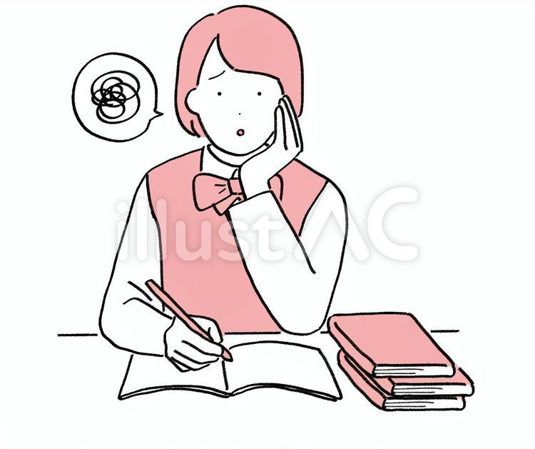 困った表情で勉強している制服の女性 勉強,高校生,悩むのイラスト素材